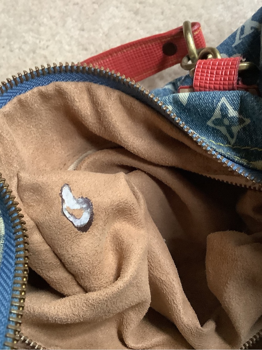 Denim and white, handbag. Red trim.  Signs of use. - Picture 11 of 16